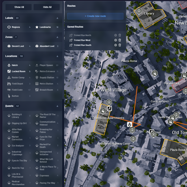 Arc Raiders interactive map with zone overlays showing item locations and POIs