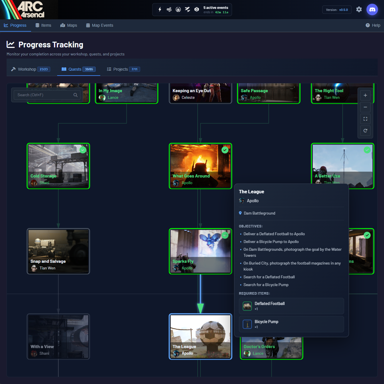 Quest tracking interface showing quest requirements and completion status
