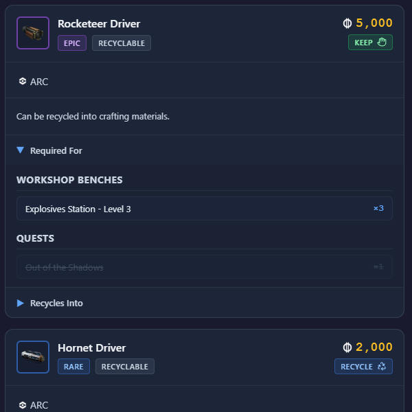 Smart loot decision interface showing keep, sell, or recycle recommendations